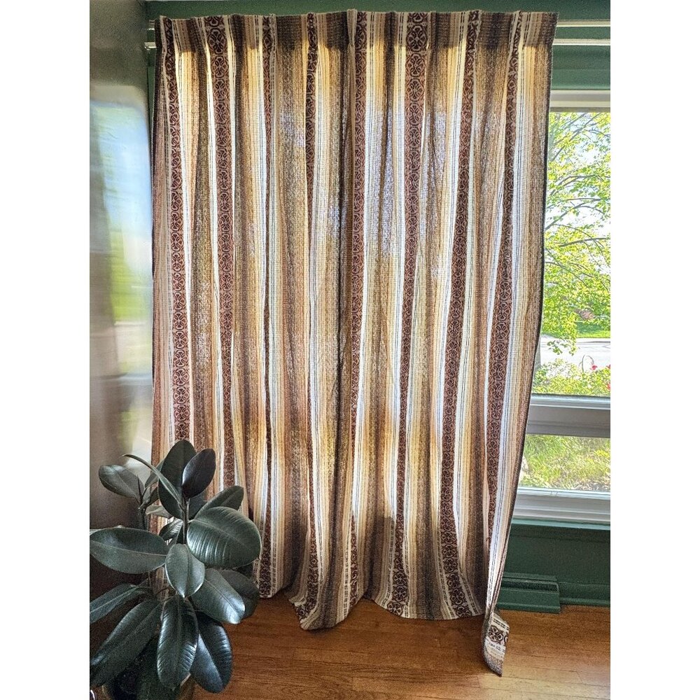 Vintage 80s pleated curtains, beige brown vertical stripes, thick woven panel